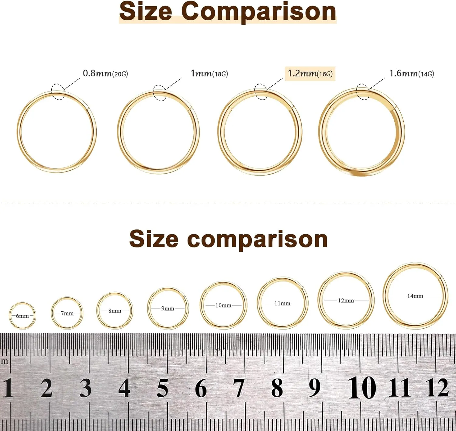 ONESING 2 PCS Nose Rings Hoops 14G 16G 18G 20G Surgical Steel Septum Rings Cartilage Tragus Round Hinged Nose Rings Piercing Jewelry for Women Men 6-12mm