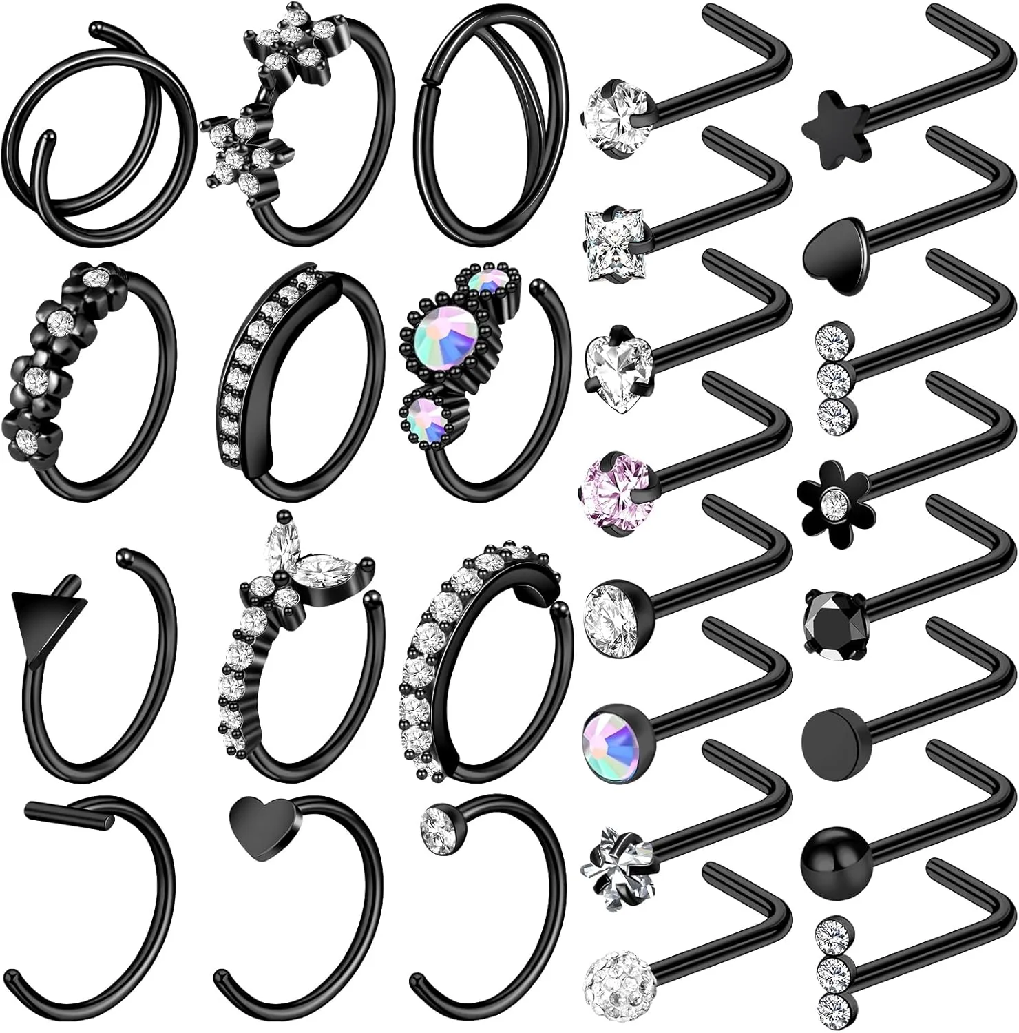 ONESING 29 Pcs Black Nose Rings for Women - L Shape, Studs, Hoop, Stainless Steel Nose Jewelry for Women & Men