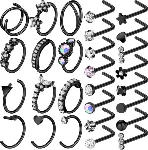 ONESING 29 Pcs Black Nose Rings for Women - L Shape, Studs, Hoop, Stainless Steel Nose Jewelry for Women & Men