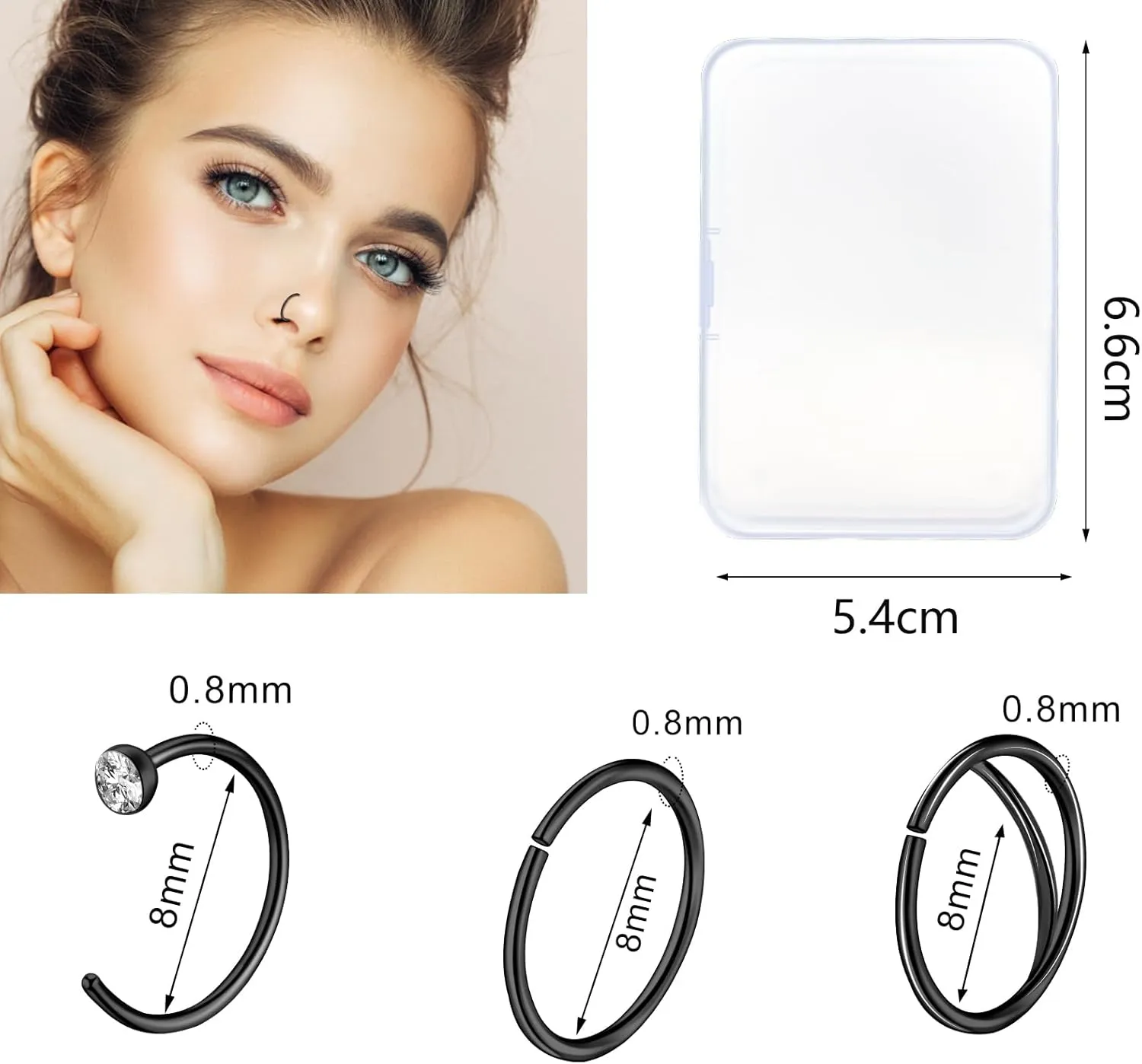 ONESING 29 Pcs Black Nose Rings for Women - L Shape, Studs, Hoop, Stainless Steel Nose Jewelry for Women & Men