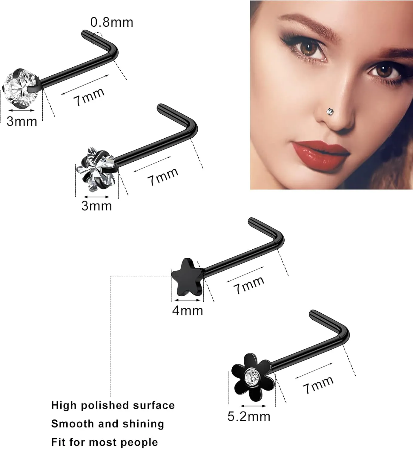 ONESING 29 Pcs Black Nose Rings for Women - L Shape, Studs, Hoop, Stainless Steel Nose Jewelry for Women & Men