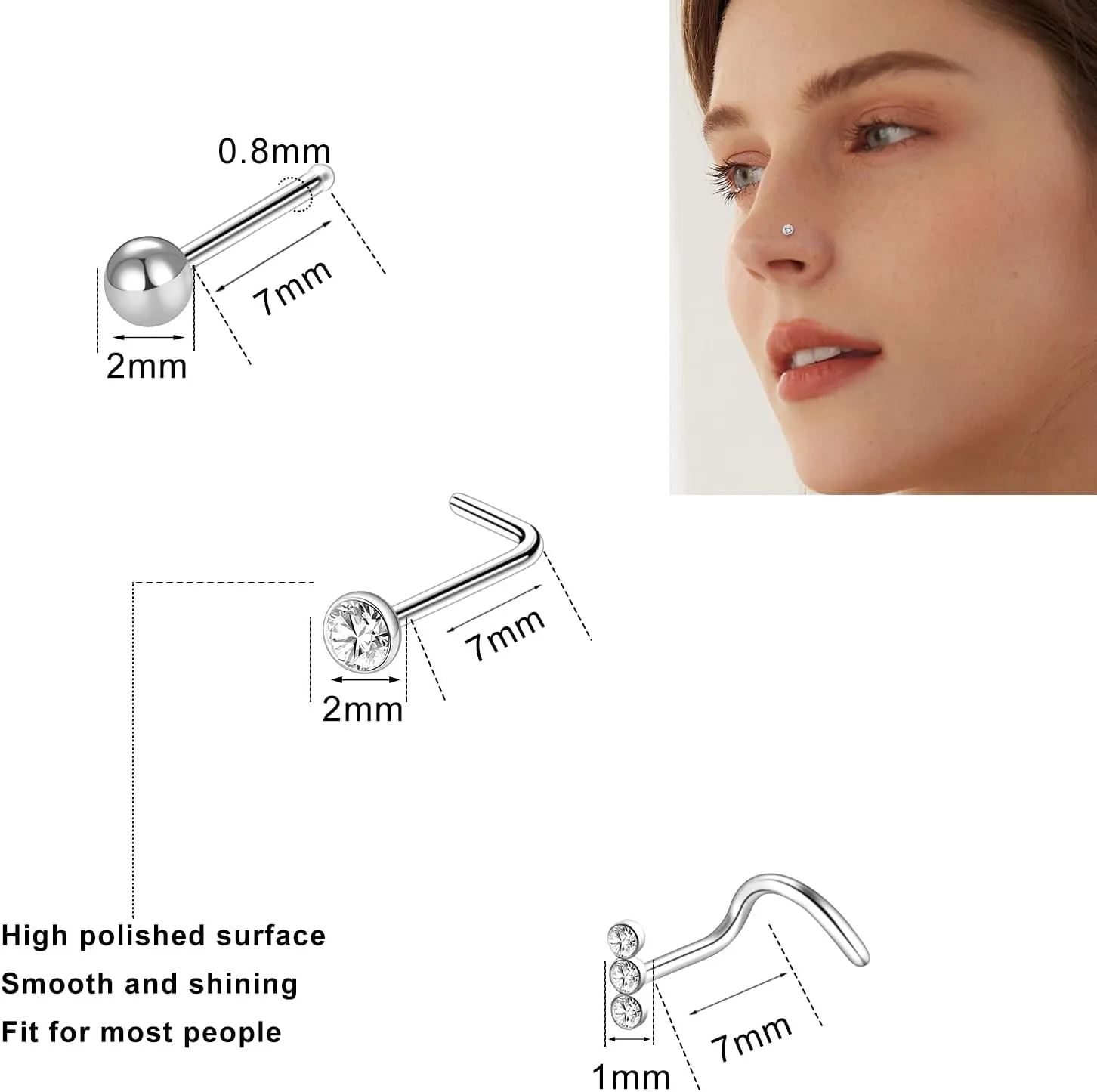 ONESING 30Pcs Stainless Steel Nose Rings for Women L Shape Nose Studs Nose Rings Hoops Screw Nose Piercings Silver Body Piercing Jewelry for Women Men