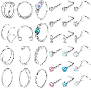 ONESING 30Pcs Stainless Steel Nose Rings for Women L Shape Nose Studs Nose Rings Hoops Screw Nose Piercings Silver Body Piercing Jewelry for Women Men