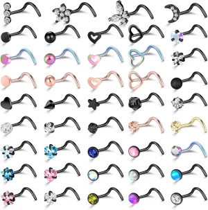 ONESING 36-44 Pcs 18G 20G Nose Rings Studs Nose Rings for Women Nose Piercings Jewelry Surgical Stainless Steel Nose Studs Moon Star Heart Butterfly Hypoallergenic Body Piercing Jewelry for Women Men