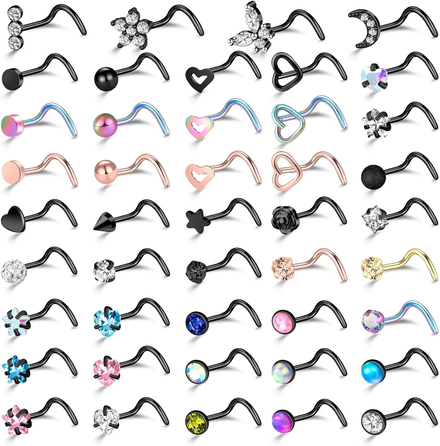 ONESING 36-44 Pcs 18G 20G Nose Rings Studs Nose Rings for Women Nose Piercings Jewelry Surgical Stainless Steel Nose Studs Moon Star Heart Butterfly Hypoallergenic Body Piercing Jewelry for Women Men