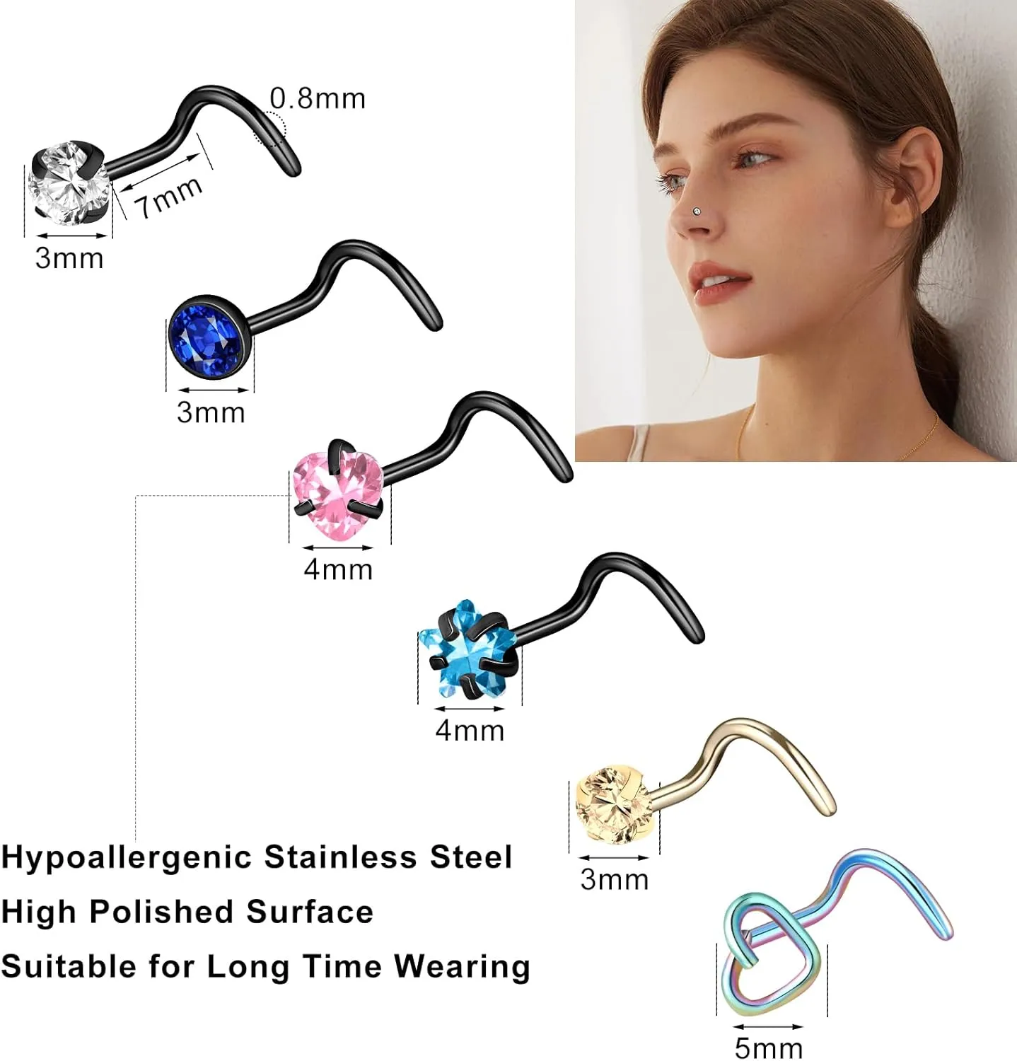 ONESING 36-44 Pcs 18G 20G Nose Rings Studs Nose Rings for Women Nose Piercings Jewelry Surgical Stainless Steel Nose Studs Moon Star Heart Butterfly Hypoallergenic Body Piercing Jewelry for Women Men