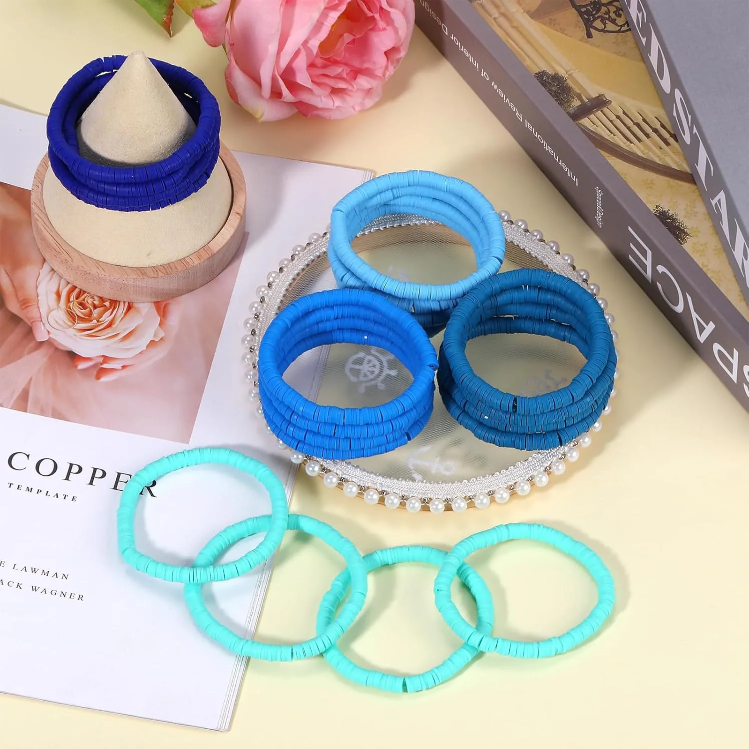 Ornaland 20 Pieces Hei Shi Surfer Bracelets Friendship Bracelets Clay Bead Bracelets Polymer Clay Stretch Bracelet Stackable Bracelet Set Women Summer Beach Jewelry for Women