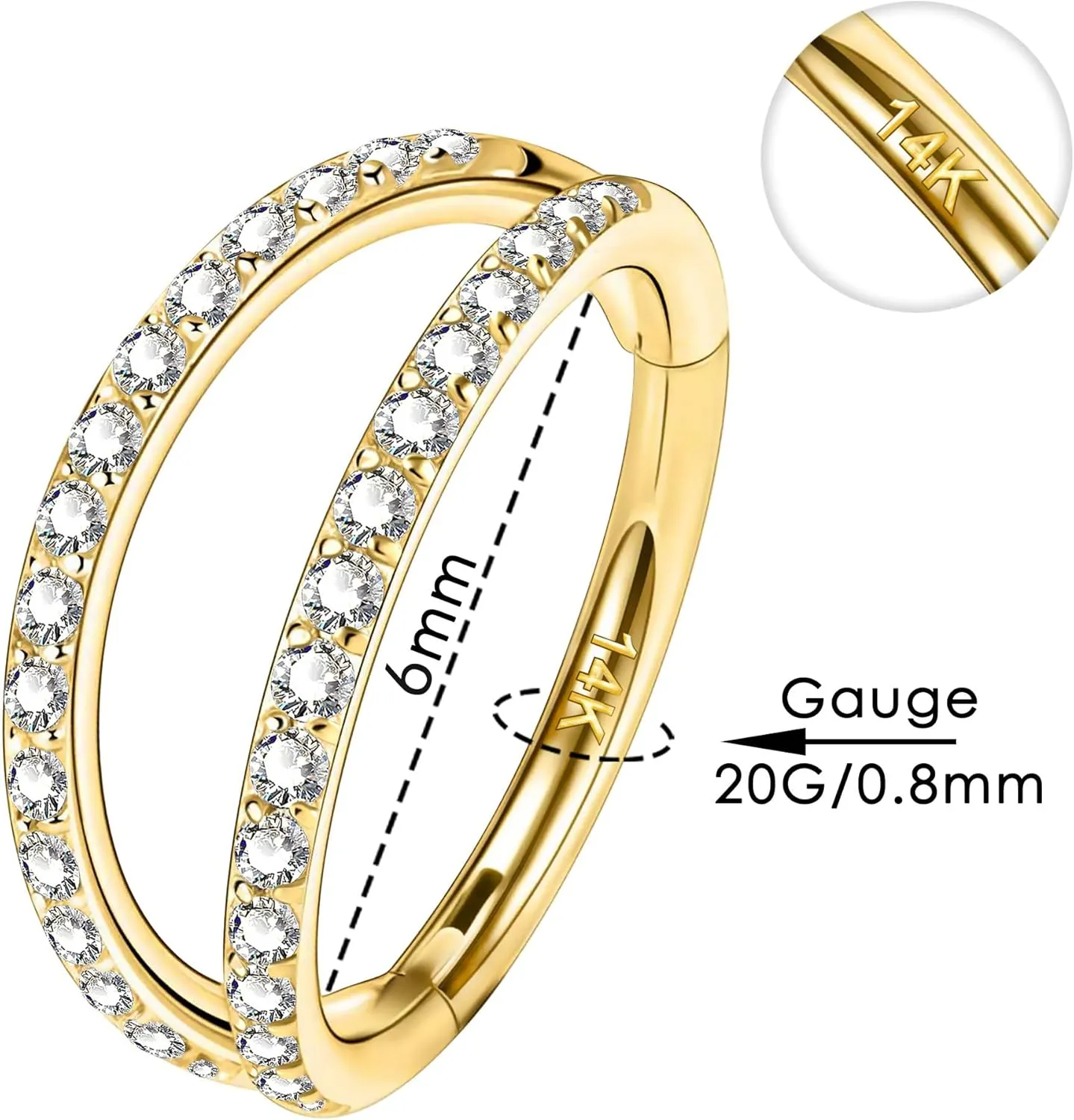 OUFER 20G Nose Rings Hoops, 14K Solid Gold Double Hoop Nose Piercing Jewelry, Hinged Segement Clicker Cartilage Helix Tragus Hoop Earring For Women And Men 6/7/8MM