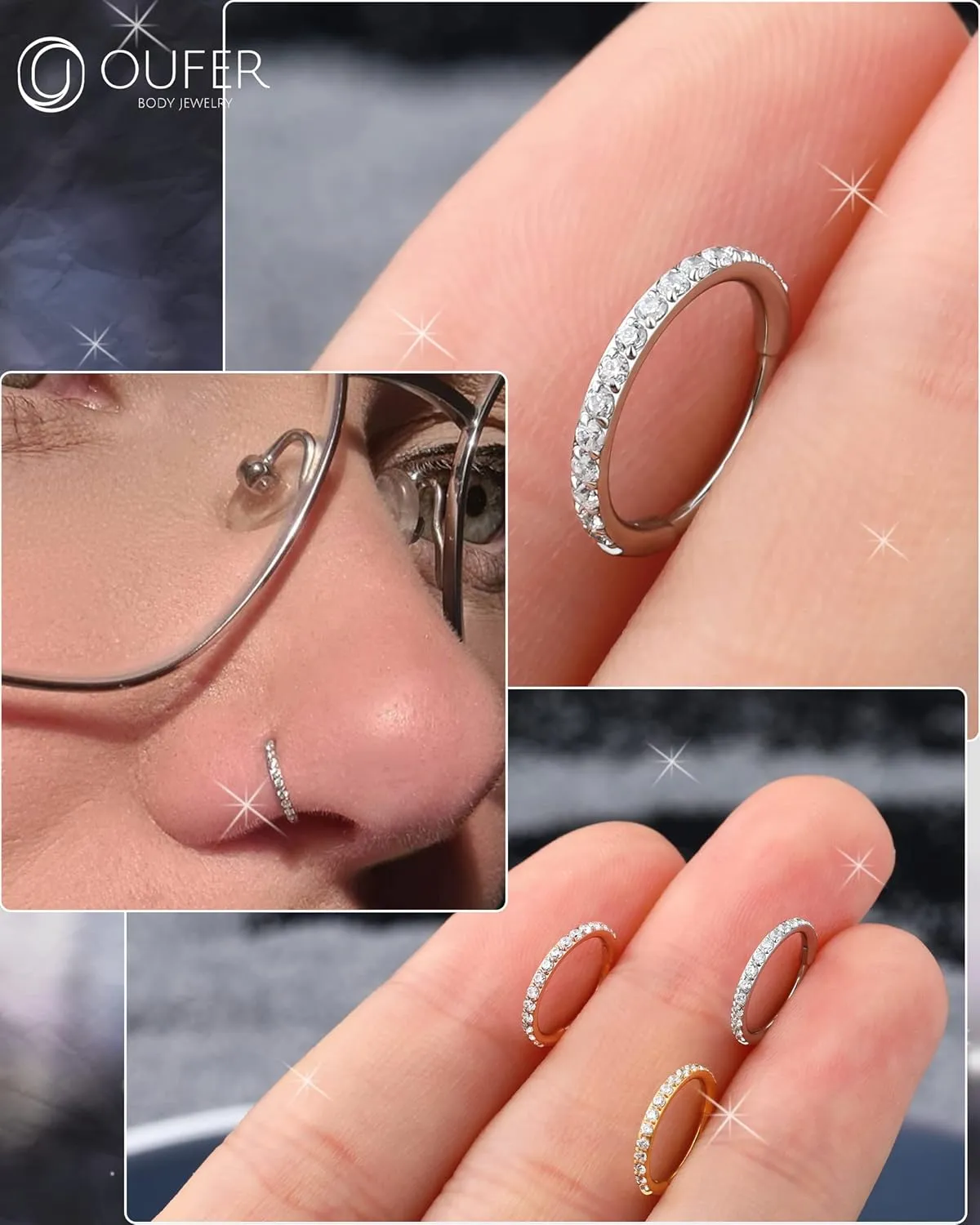 OUFER 20G Nose Rings Hoops, 316L Surgical Steel Nose Piercings, Clear CZ Nose Piercing Jewelry, Helix Tragus Caritlage Earrings, Nose Rings for Women