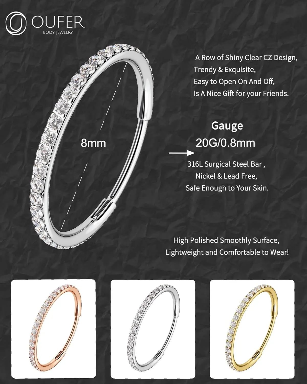 OUFER 20G Nose Rings Hoops, 316L Surgical Steel Nose Piercings, Clear CZ Nose Piercing Jewelry, Helix Tragus Caritlage Earrings, Nose Rings for Women