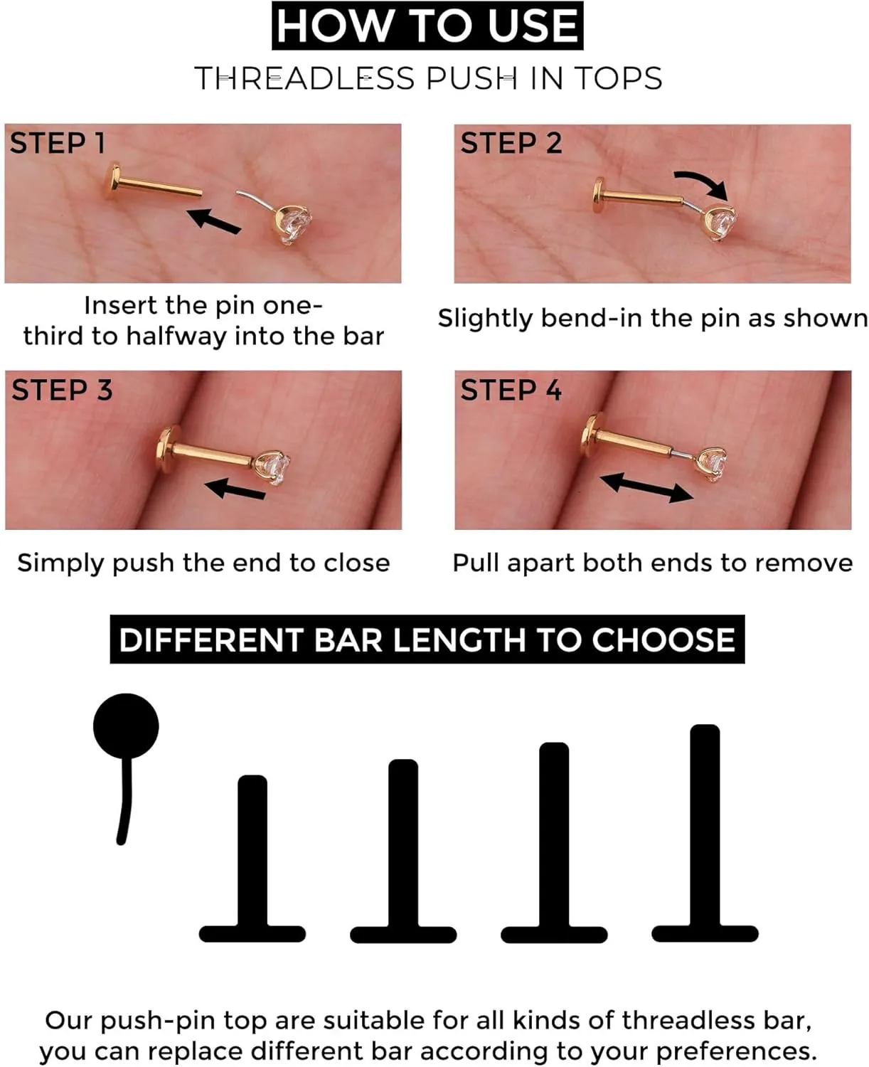 OUFER 2Pcs 20G/18G/16G G23 Titanium Threadless Nose Stud Earrings Flat Back Tiny CZ Small Nose Helix Cartilage Tragus Conch Labret Medusa Monroe Piercing Jewelry for Women Men