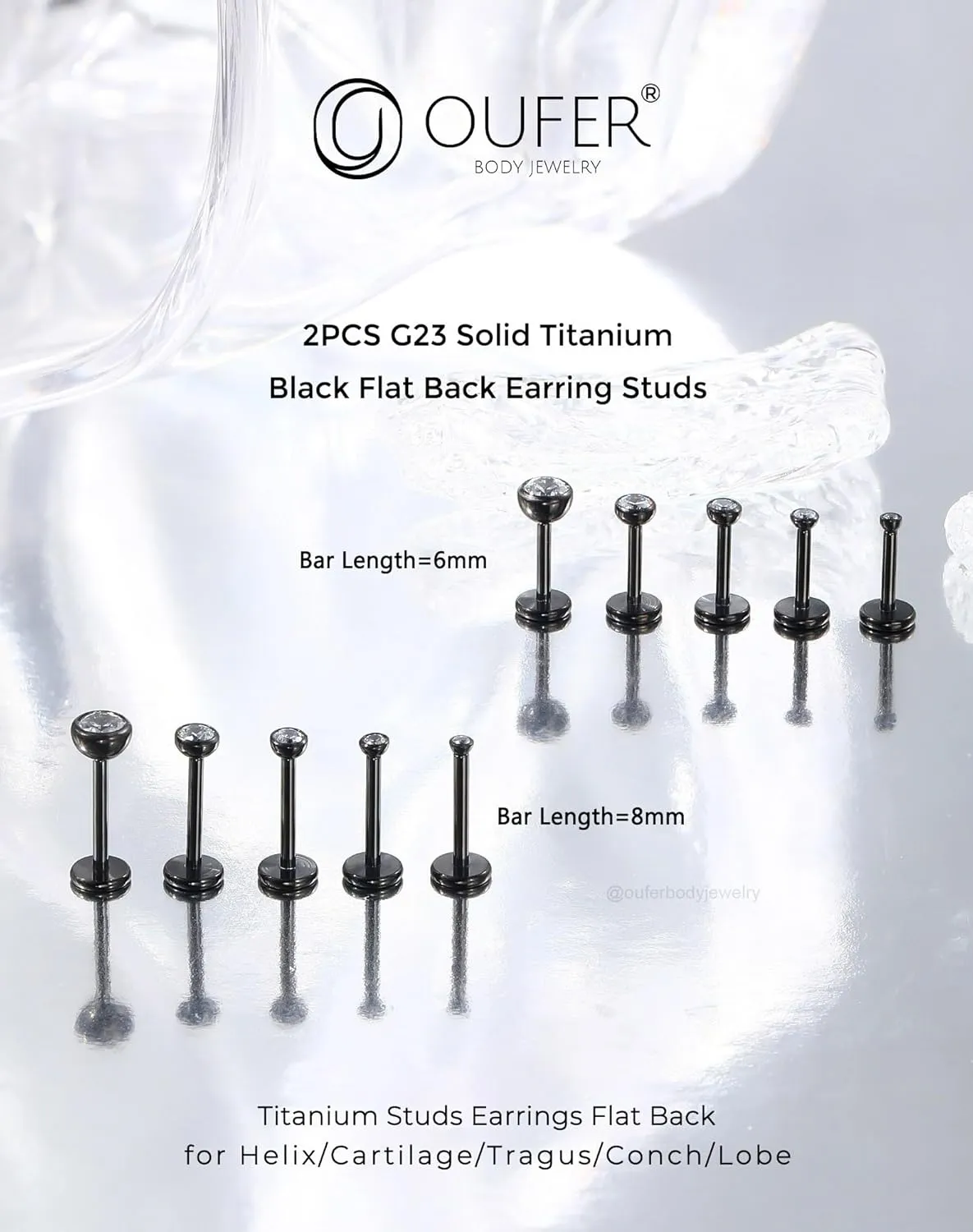 OUFER 2Pcs 20G/18G/16G G23 Titanium Threadless Nose Stud Earrings Flat Back Tiny CZ Small Nose Helix Cartilage Tragus Conch Labret Medusa Monroe Piercing Jewelry for Women Men