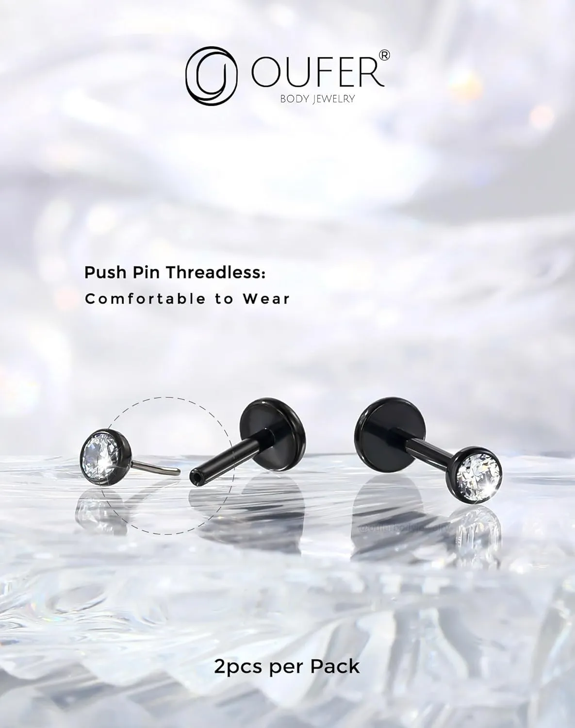 OUFER 2Pcs 20G/18G/16G G23 Titanium Threadless Nose Stud Earrings Flat Back Tiny CZ Small Nose Helix Cartilage Tragus Conch Labret Medusa Monroe Piercing Jewelry for Women Men