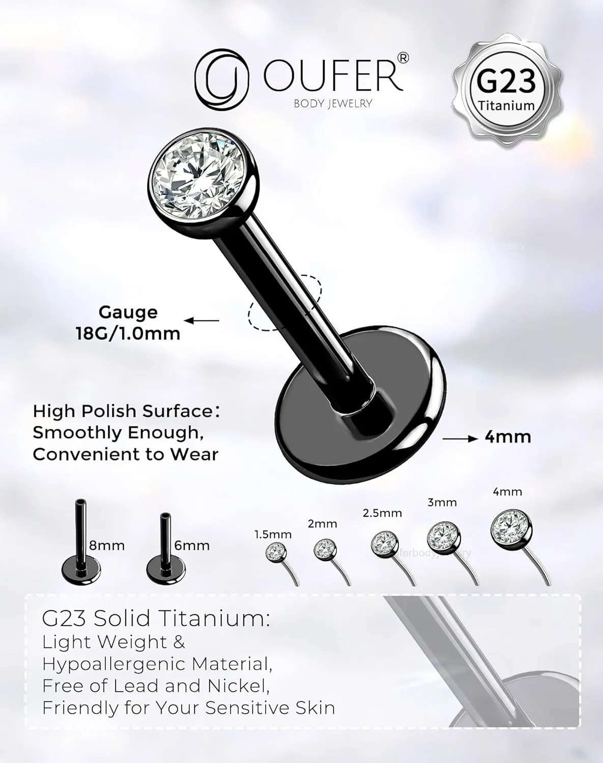 OUFER 2Pcs 20G/18G/16G G23 Titanium Threadless Nose Stud Earrings Flat Back Tiny CZ Small Nose Helix Cartilage Tragus Conch Labret Medusa Monroe Piercing Jewelry for Women Men