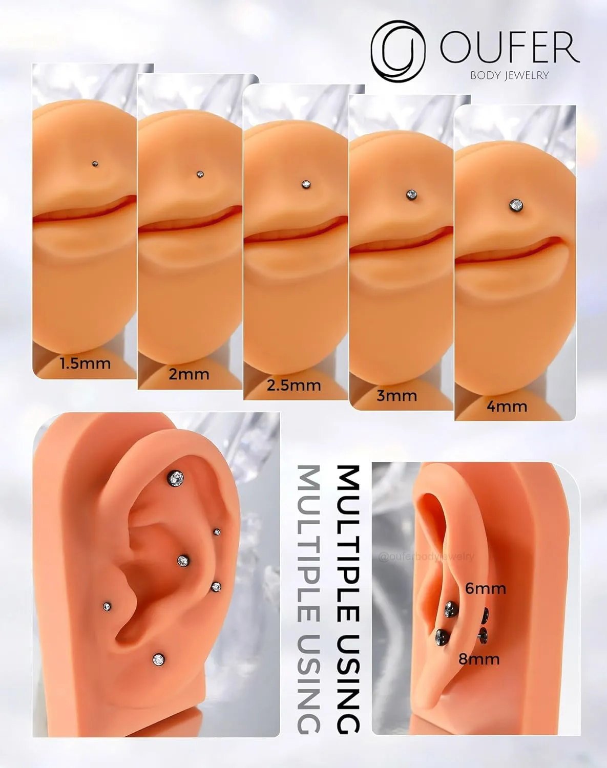 OUFER 2Pcs 20G/18G/16G G23 Titanium Threadless Nose Stud Earrings Flat Back Tiny CZ Small Nose Helix Cartilage Tragus Conch Labret Medusa Monroe Piercing Jewelry for Women Men