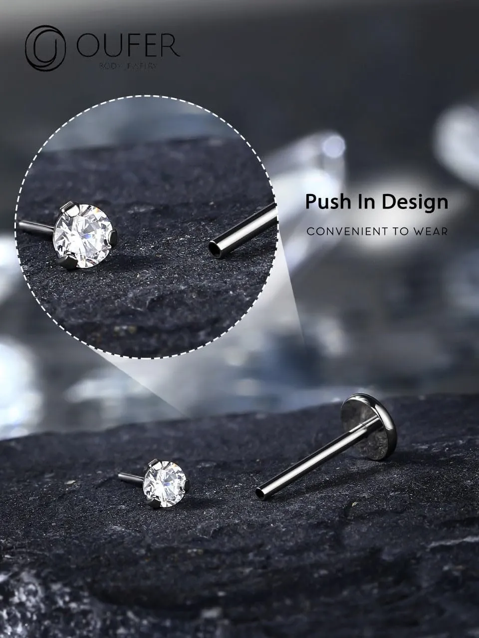 OUFER 2PCS Nose Piercings, G23 Solid Titanium Threadless Nose Rings 20G, Clear Tiny CZ Nose Stud Flat Back Nose Nostril Piercing Jewelry for Women Men