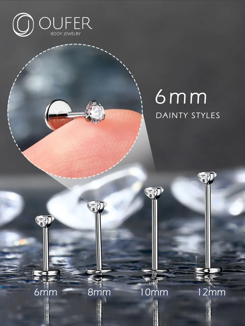OUFER 2PCS Nose Piercings, G23 Solid Titanium Threadless Nose Rings 20G, Clear Tiny CZ Nose Stud Flat Back Nose Nostril Piercing Jewelry for Women Men