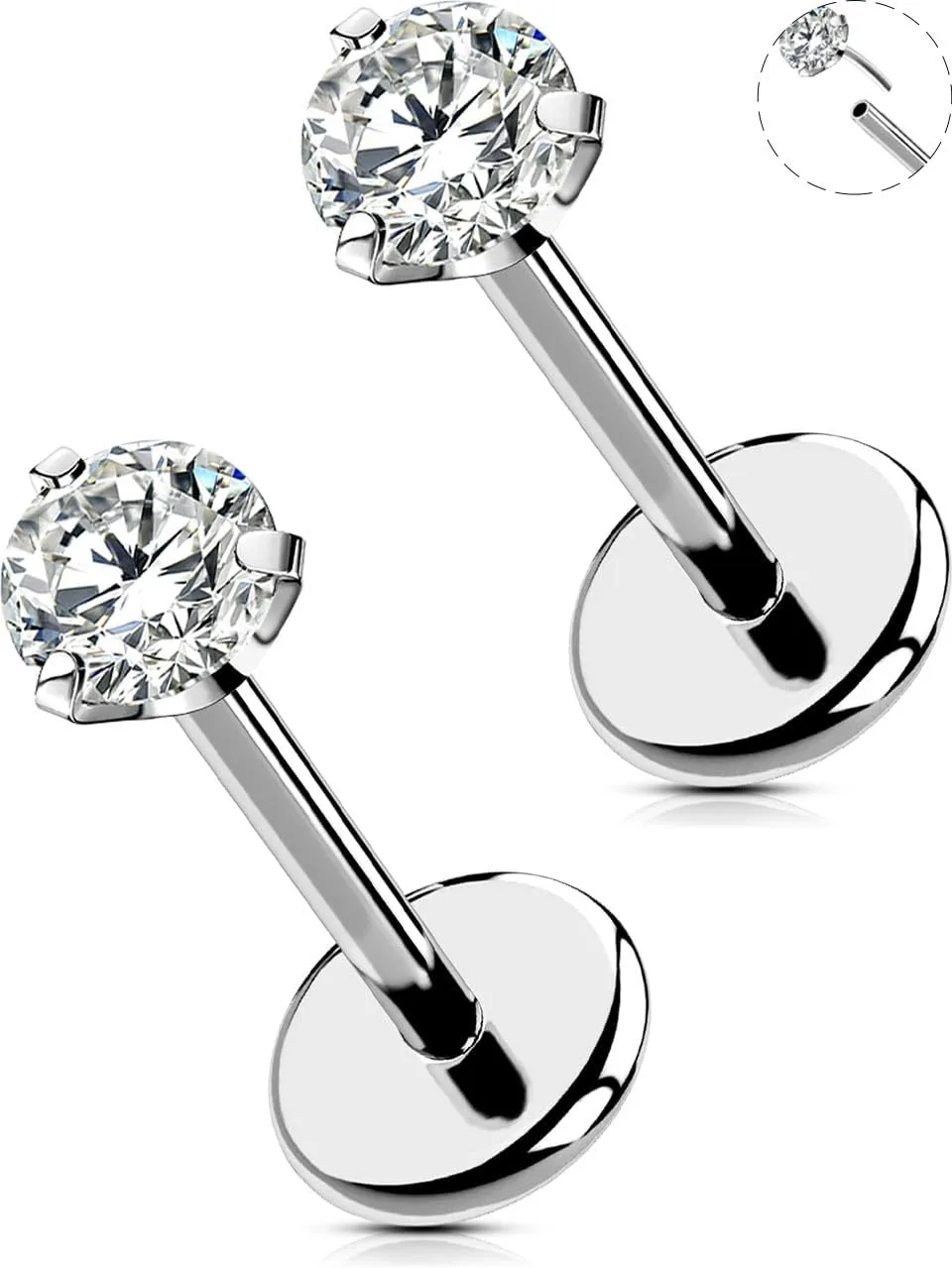 OUFER 2PCS Nose Piercings, G23 Solid Titanium Threadless Nose Rings 20G, Clear Tiny CZ Nose Stud Flat Back Nose Nostril Piercing Jewelry for Women Men