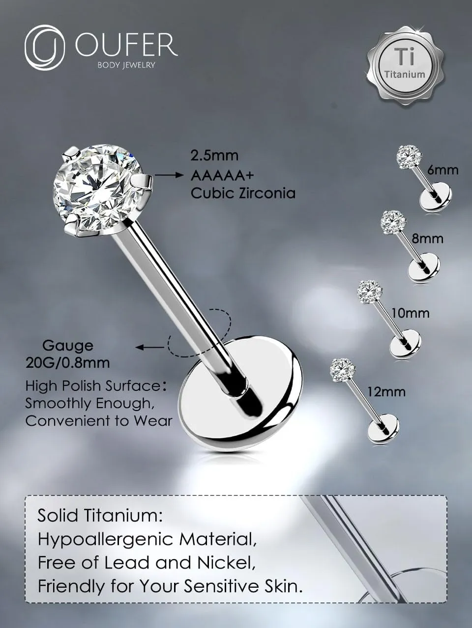 OUFER 2PCS Nose Piercings, G23 Solid Titanium Threadless Nose Rings 20G, Clear Tiny CZ Nose Stud Flat Back Nose Nostril Piercing Jewelry for Women Men