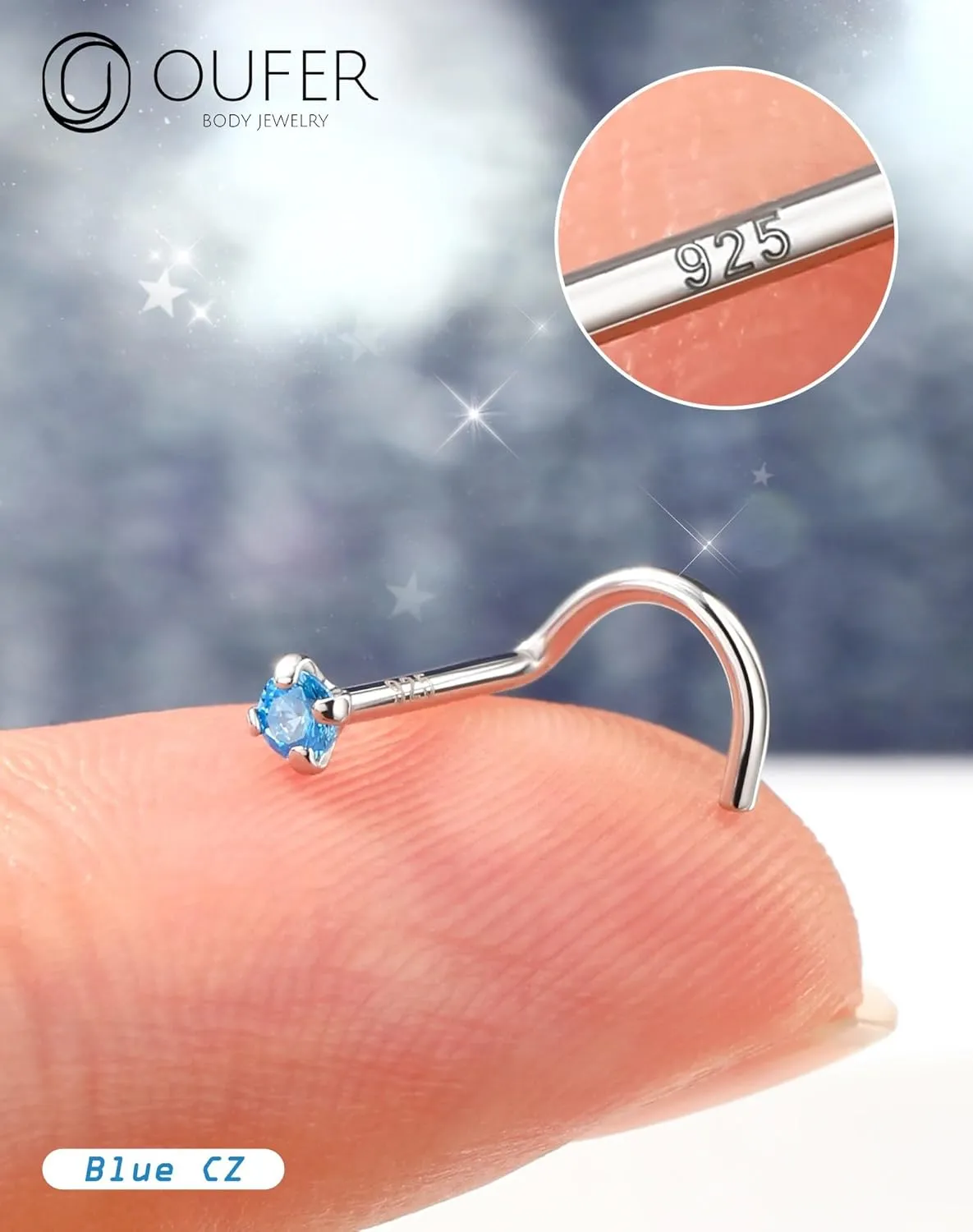 OUFER 925 Sterling Silver Small Nose Rings, 20G Nose Studs, Nostril Nose Piercing Jewelry, Screw Nose Rings For Women Men, Hypoallergenic Nose Rings Studs with Tiny CZ Diamond-Aquamarine