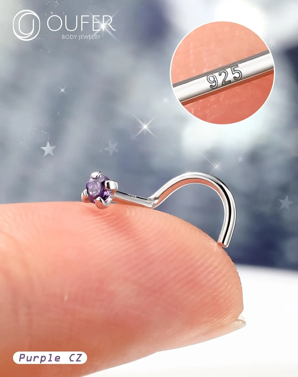 OUFER 925 Sterling Silver Small Nose Rings, 20G Nose Studs, Nostril Nose Piercing Jewelry, Screw Nose Rings For Women Men, Hypoallergenic Nose Rings Studs with Tiny CZ Diamond-Purple