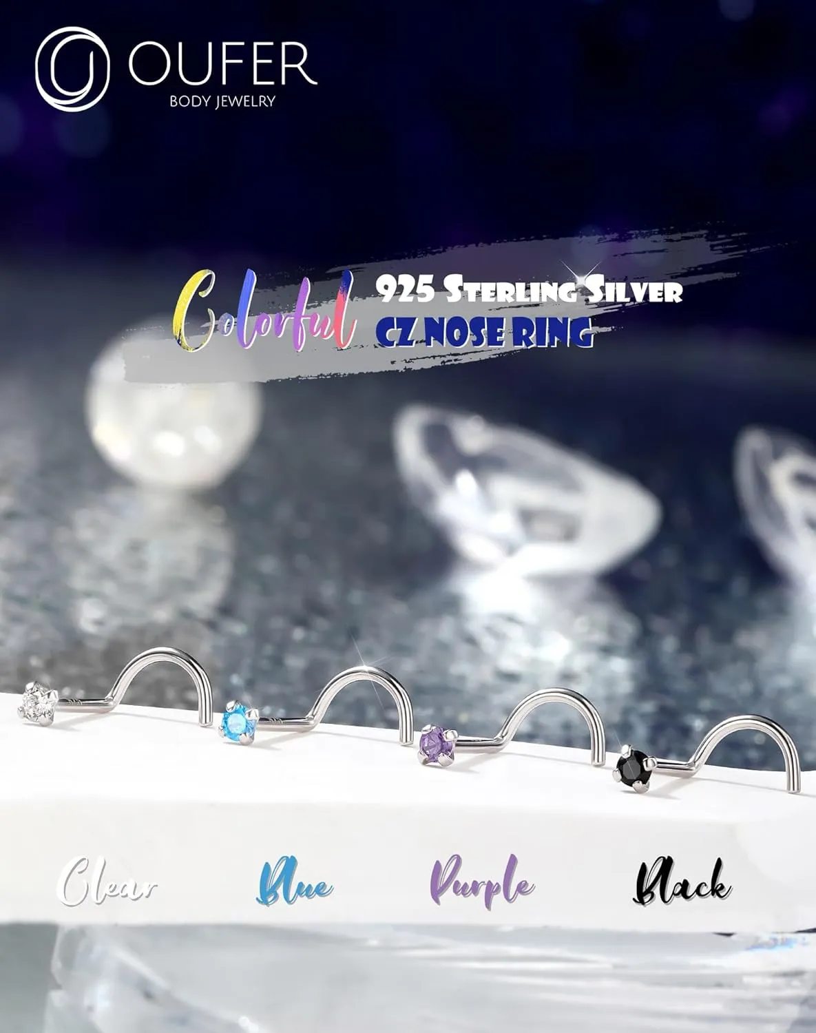 OUFER 925 Sterling Silver Small Nose Rings, 20G Nose Studs, Nostril Nose Piercing Jewelry, Screw Nose Rings For Women Men, Hypoallergenic Nose Rings Studs with Tiny CZ Diamond-Purple