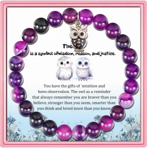 PARTNER Owl Inspirational Birthday Gifts for Women Best Friends Unique Gifts Natural Stone Beaded Bracelets for Women Agate Beaded Jewelry with Meaningful Message Card For Owl Lovers,Comes Packaged