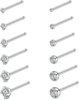 PEAKLINK 12Pcs Nose Rings 20G Nose Studs Nose Ring Nose Screw 316L Surgical Steel Nose Piercing Jewelry Nostril Tragus Cartilage Helix Conch Studs Clear CZ for Women Men L/Screw/Straight Shape