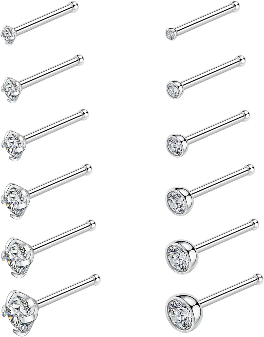 PEAKLINK 12Pcs Nose Rings 20G Nose Studs Nose Ring Nose Screw 316L Surgical Steel Nose Piercing Jewelry Nostril Tragus Cartilage Helix Conch Studs Clear CZ for Women Men L/Screw/Straight Shape