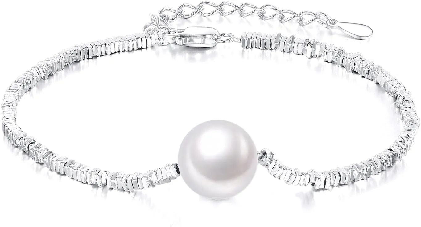 Pearl Bracelets 925 Sterling Silver Freshwater Cultured Pearls Bracelets Simple Dainty Bridesmaid Wedding Bracelets Gifts for Girls Wife Women Mom Birthday Christmas holiday giftsPearl 10MM