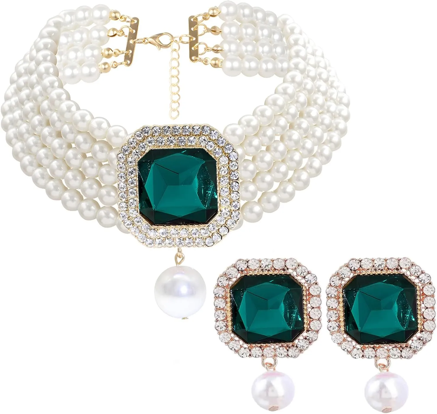 Pearl Choker Necklace for Women Gold Crystal Rhinestone Pearl Collar Statement Necklaces Earrings Bridal Pearls Diamond jewelry Set for Wedding