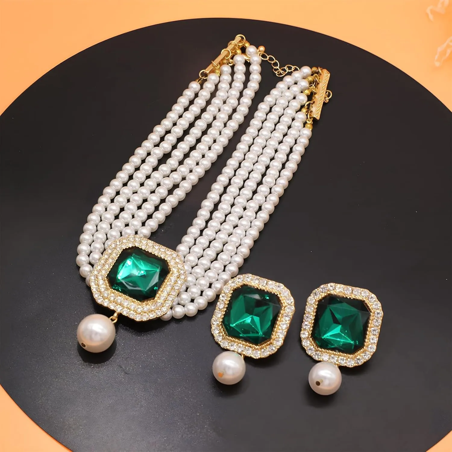 Pearl Choker Necklace for Women Gold Crystal Rhinestone Pearl Collar Statement Necklaces Earrings Bridal Pearls Diamond jewelry Set for Wedding