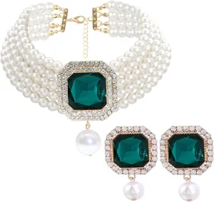Pearl Choker Necklace for Women Gold Crystal Rhinestone Pearl Collar Statement Necklaces Earrings Bridal Pearls Diamond jewelry Set for Wedding