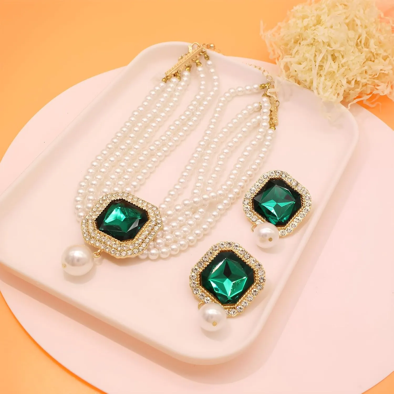 Pearl Choker Necklace for Women Gold Crystal Rhinestone Pearl Collar Statement Necklaces Earrings Bridal Pearls Diamond jewelry Set for Wedding