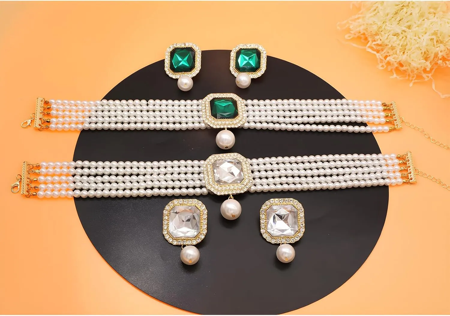 Pearl Choker Necklace for Women Gold Crystal Rhinestone Pearl Collar Statement Necklaces Earrings Bridal Pearls Diamond jewelry Set for Wedding