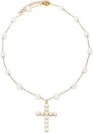 Pearl Cross Pendant Necklace Faith Cubic Zirconia Pearl Choker Strand for Women Dainty Jewelry Gift