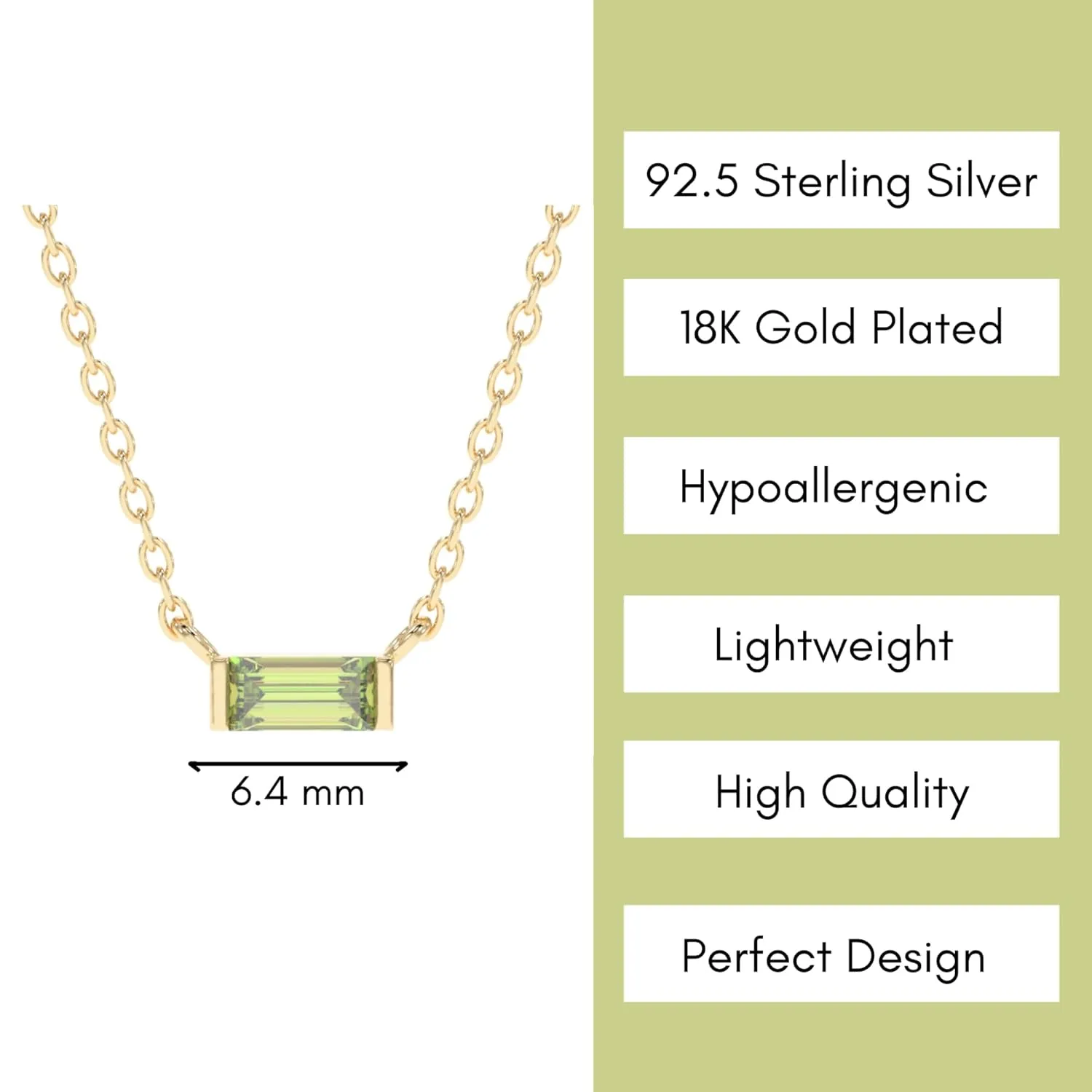 Peridot Necklace for Women, Premium Gold Minimalist Rectangle Necklaces - Tarnish Free 18K Gold Plated Certified S925 Classic Statement Necklace Gold Jewelry for Women - Mothers Day Gifts for Mom Wife