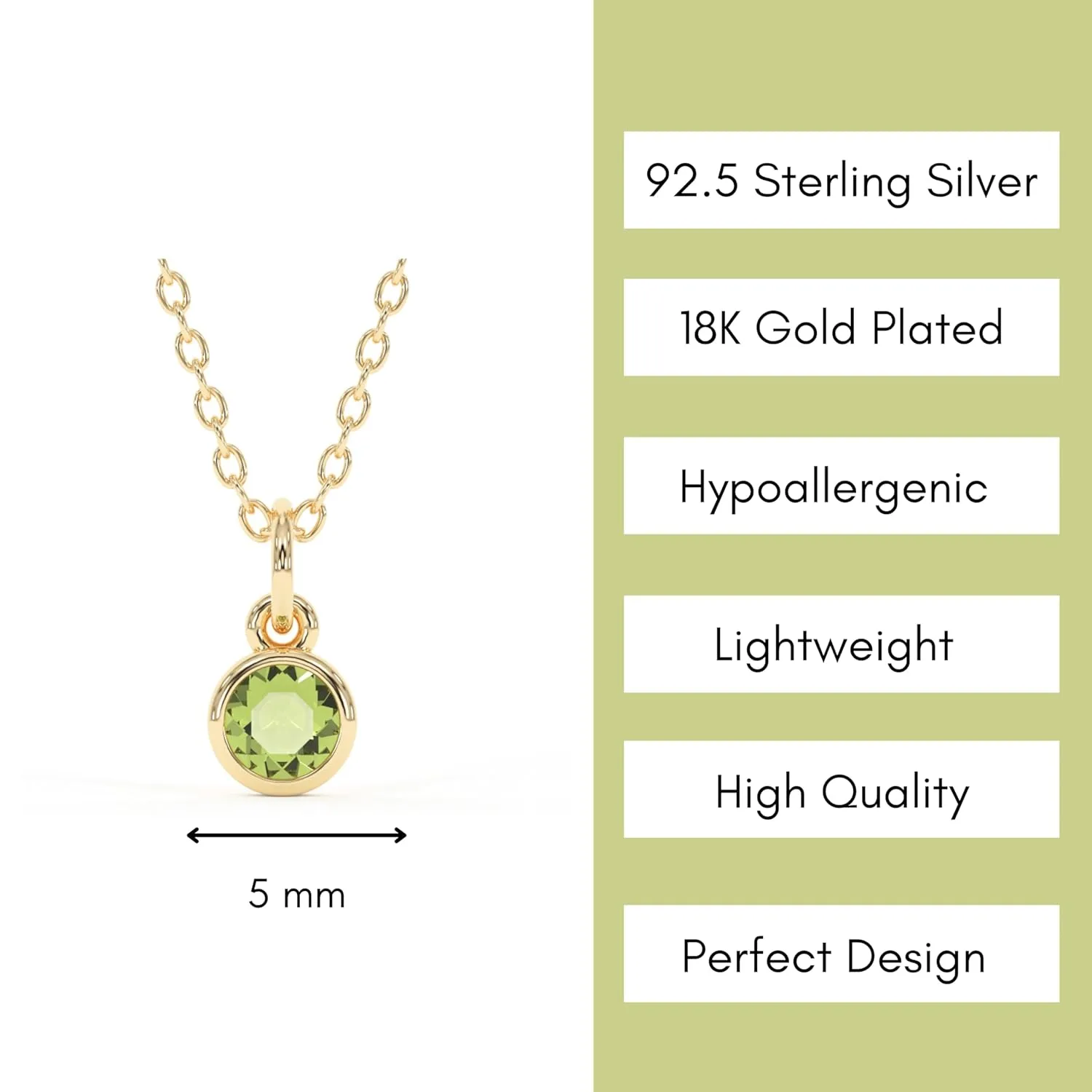 Peridot Necklace for Women, Premium Gold Minimalist Round Necklaces - Tarnish Free 18K Gold Plated Certified S925 Classic Statement Necklace Gold Jewelry for Women - Mothers Day Gifts for Mom Wife