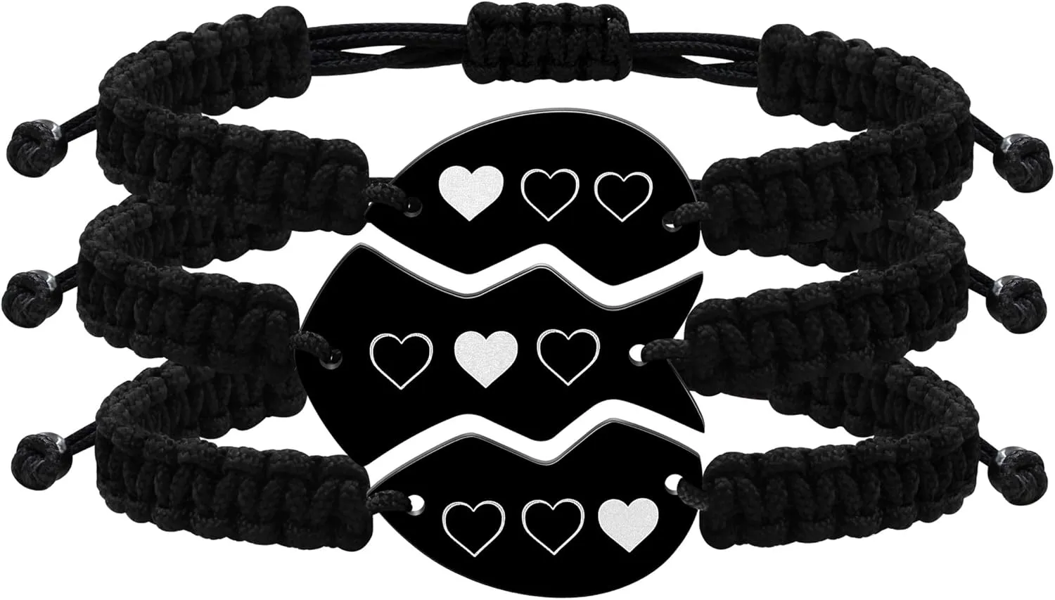 Personalize 3PCS Friendship Bracelets Heart Puzzle Matching Handmade Woven Braided Black Rope Bracelet Set for Best Friends Sisters