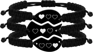 Personalize 3PCS Friendship Bracelets Heart Puzzle Matching Handmade Woven Braided Black Rope Bracelet Set for Best Friends Sisters