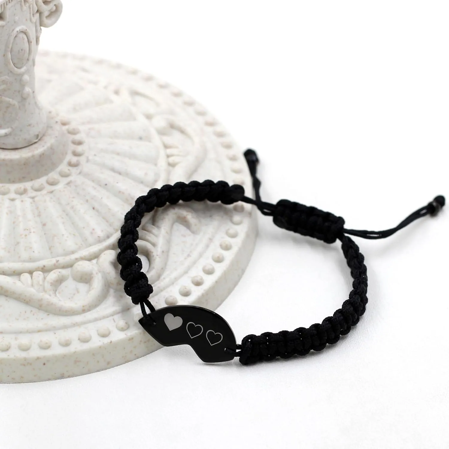 Personalize 3PCS Friendship Bracelets Heart Puzzle Matching Handmade Woven Braided Black Rope Bracelet Set for Best Friends Sisters