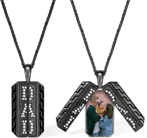 Personalized Dad Necklaces Photo Necklace For Men Brass Custom Father Picture Locket Necklaces Memorial Pendant With Engraving Name/Birthstones Family Jewelry Christmas Birthday Gifts For Grandfather