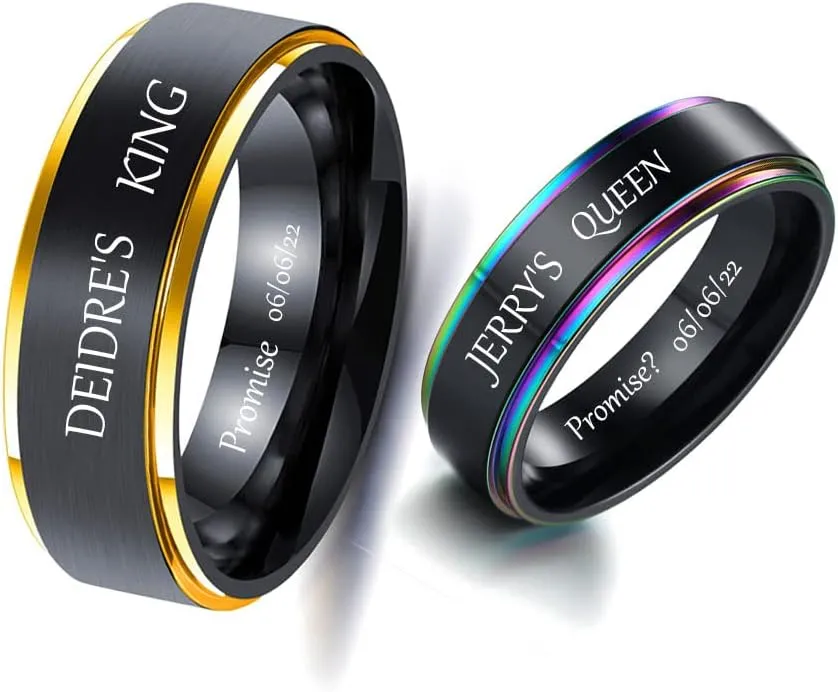 Personalized Matching Rings for Couples Promise Rings Sets,Black and Blue Couples Rings for Him and Her Set Stainless Steel Wedding Rings,Custom Name Rings for Couples Valentine's Day Jewelry