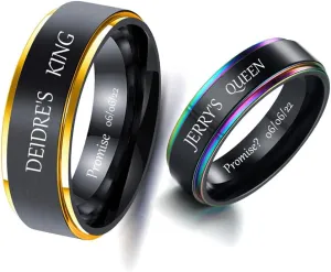 Personalized Matching Rings for Couples Promise Rings Sets,Black and Blue Couples Rings for Him and Her Set Stainless Steel Wedding Rings,Custom Name Rings for Couples Valentine's Day Jewelry