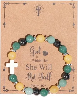 Pingyongchang Inspirational Christian Gifts for Women, Men Cross Beads Bracelets, Faith Easter Catholic Religious Christian Jewelry, Healing Natural Stone Meaningful Baptism Communion Bracelets