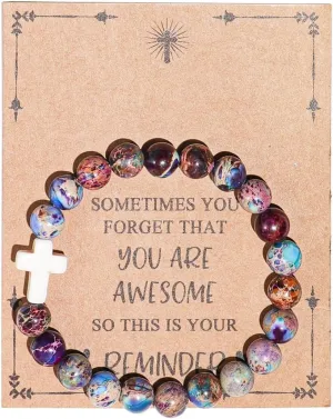 Pingyongchang Inspirational Christian Gifts for Women, Men Cross Beads Bracelets, Faith Easter Catholic Religious Christian Jewelry, Healing Natural Stone Meaningful Baptism Communion Bracelets