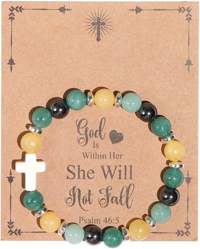 Pingyongchang Inspirational Christian Gifts for Women, Men Cross Beads Bracelets, Faith Easter Catholic Religious Christian Jewelry, Healing Natural Stone Meaningful Baptism Communion Bracelets