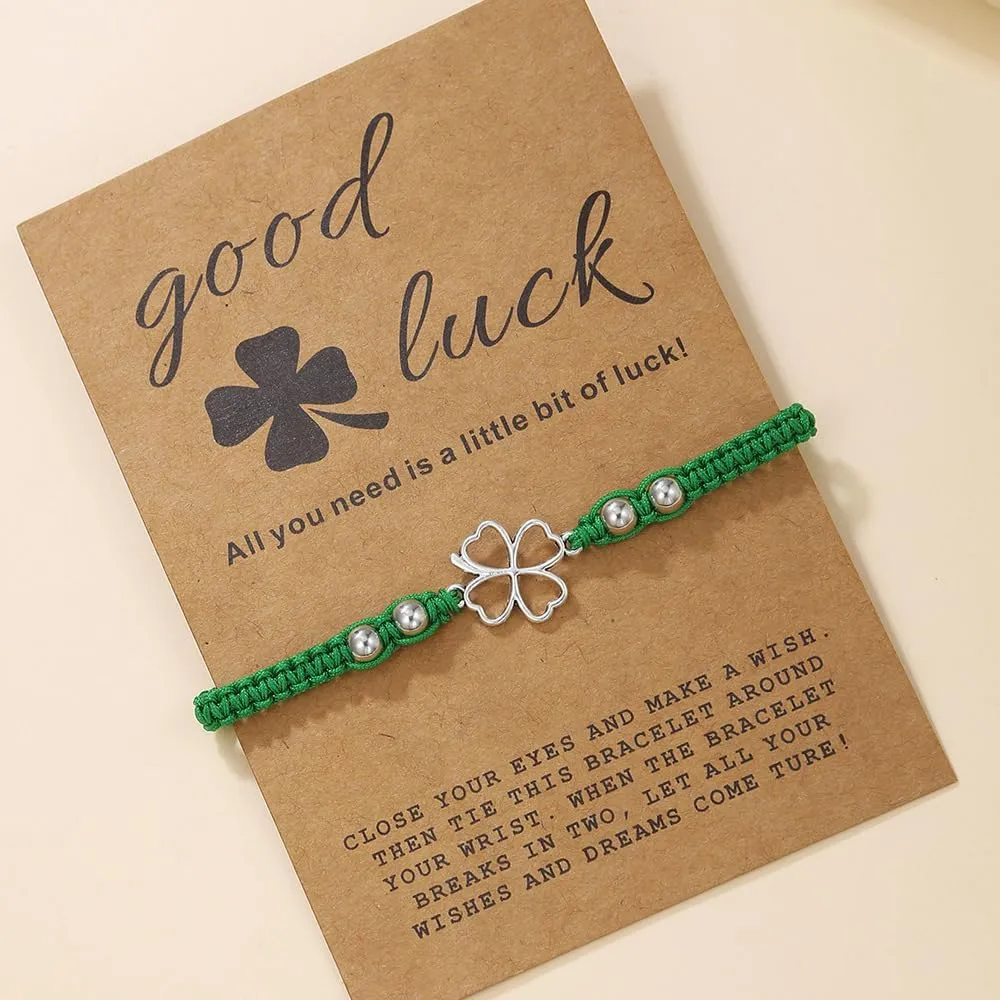 Pingyongchang St. Patrick's Day Bracelets Cute Green Clover Leaf Beads Bracelets with Gift Message Card Lucky Irish Shamrock Rope Bracelets for Women Men Holiday Jewelry Gifts
