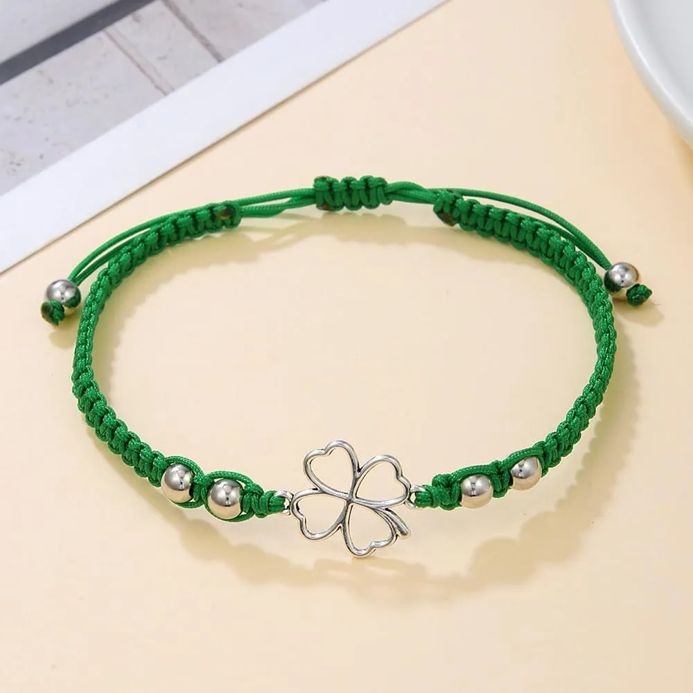 Pingyongchang St. Patrick's Day Bracelets Cute Green Clover Leaf Beads Bracelets with Gift Message Card Lucky Irish Shamrock Rope Bracelets for Women Men Holiday Jewelry Gifts