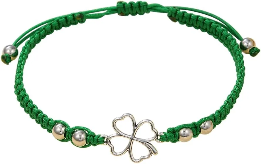 Pingyongchang St. Patrick's Day Bracelets Cute Green Clover Leaf Beads Bracelets with Gift Message Card Lucky Irish Shamrock Rope Bracelets for Women Men Holiday Jewelry Gifts